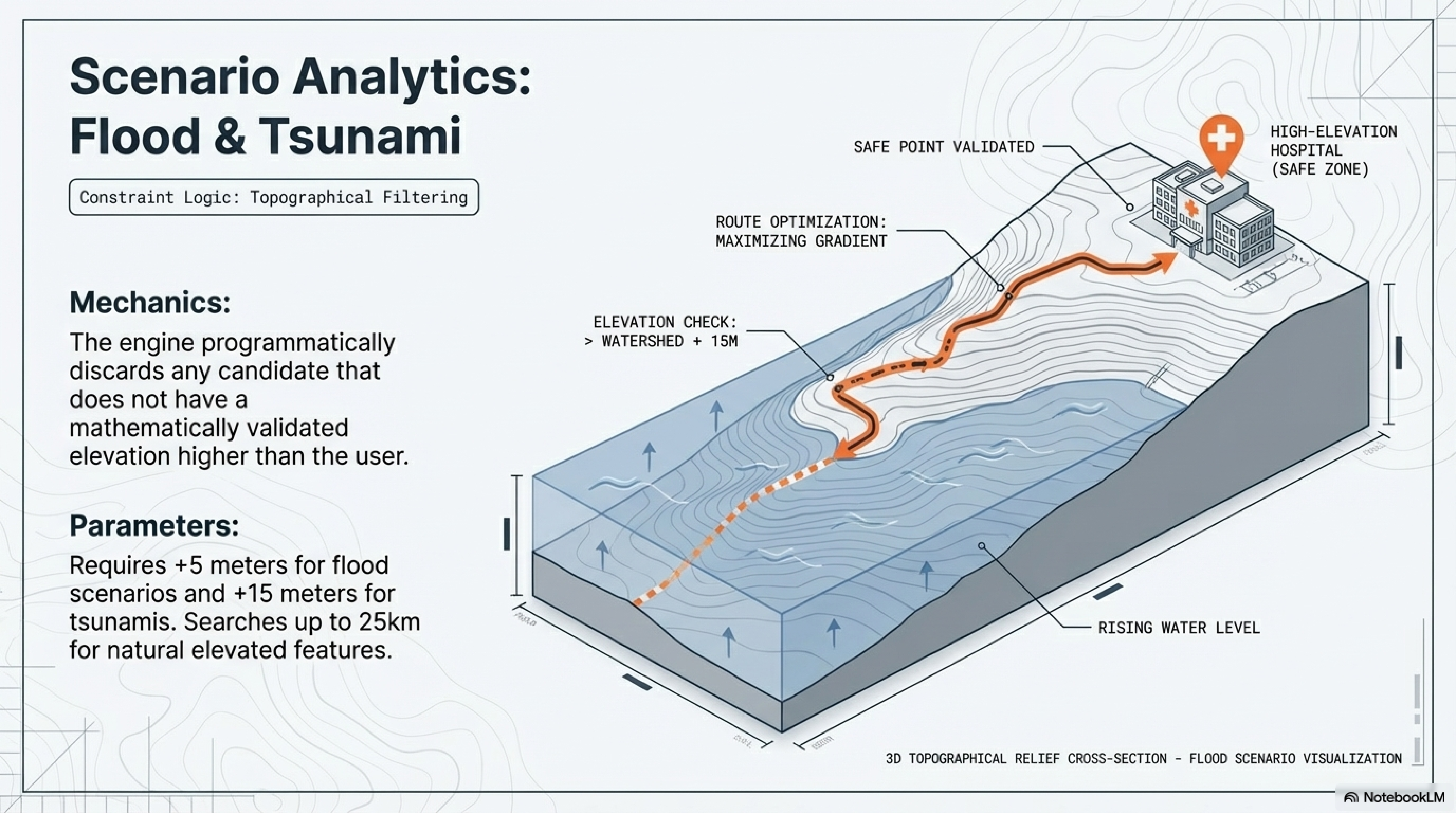 Scenario Analytics: Flood & Tsunami – Topographical Filtering, +5m/+15m elevation check