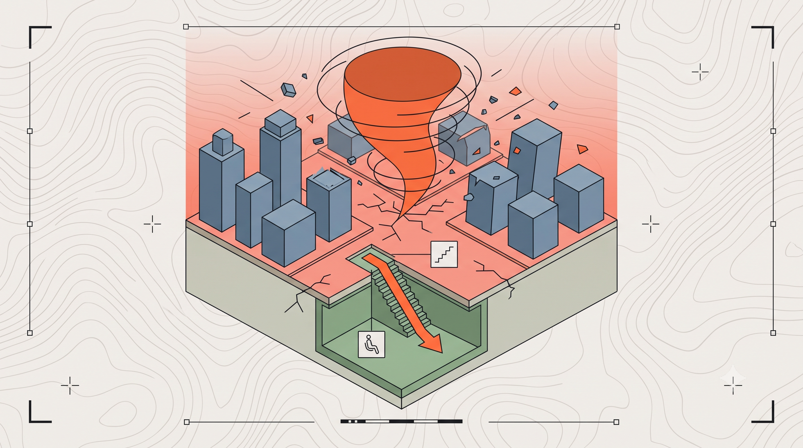 Tornado tearing through a city; the survival directive points down a staircase into a solid underground shelter