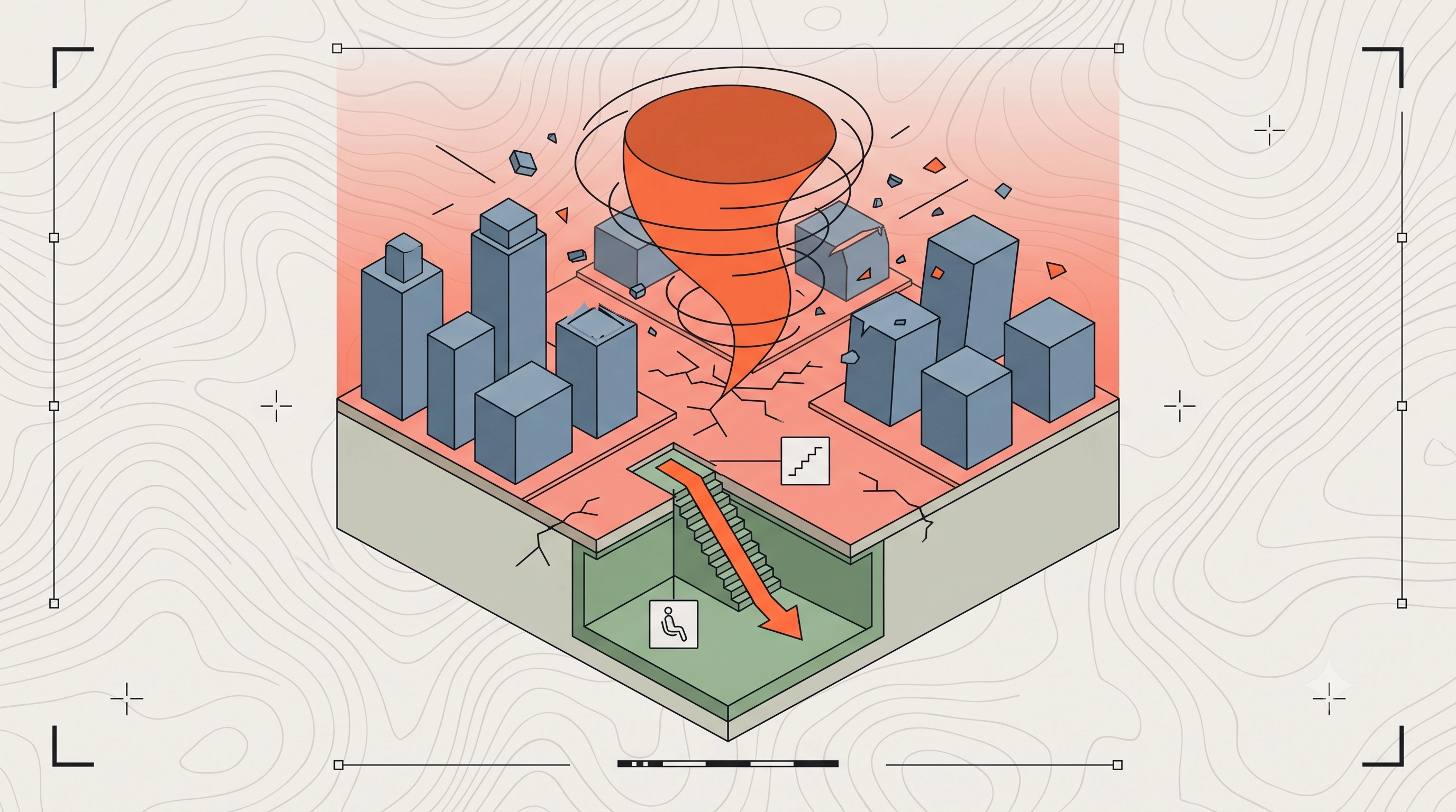 Tornado tearing through a city; the survival directive points down a staircase into a solid underground shelter