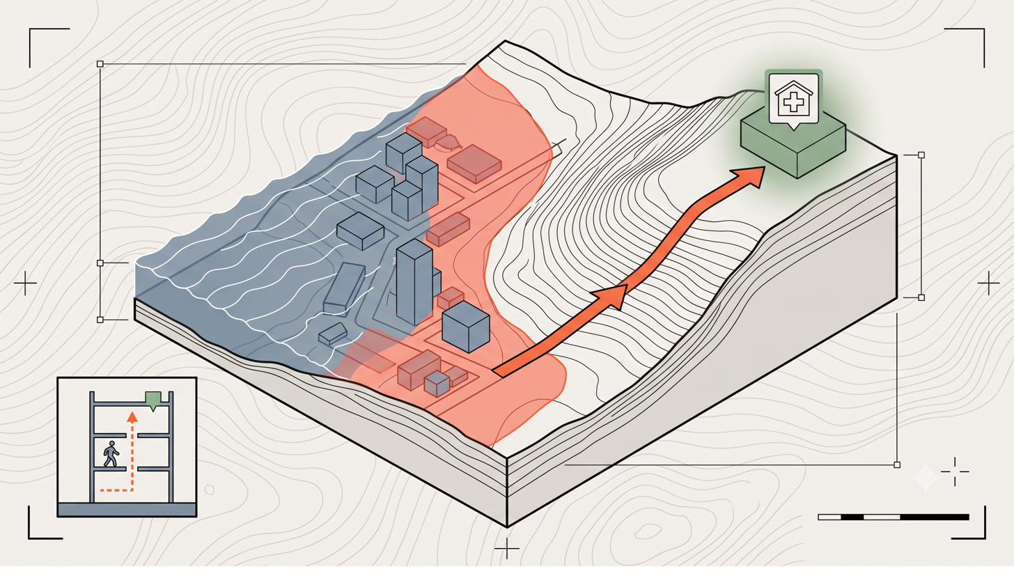 A valley being submerged; the escape route climbs the slope to a verified safe area on the ridge, with an underground shelter as an alternative