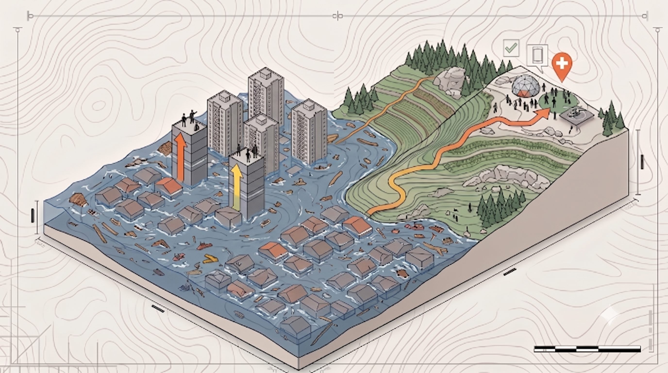 A coastal town being submerged by a tsunami; the survival directive combines vertical escape onto tall buildings' rooftops with a route toward high-elevation hilly ground