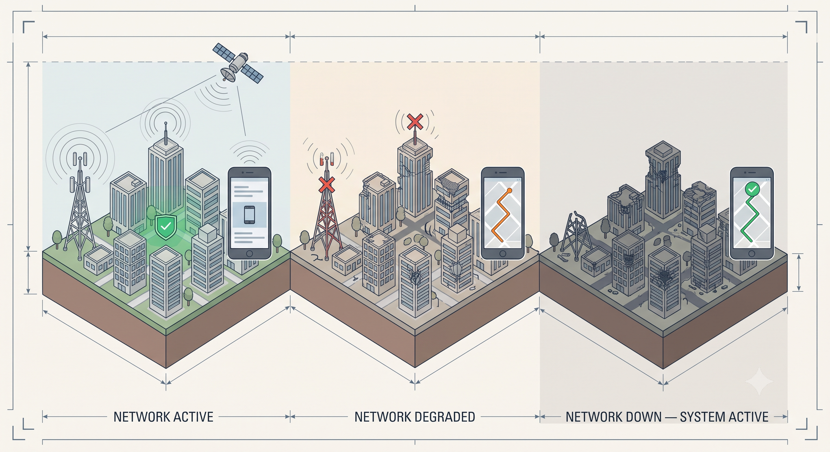 Three states of the same city: network active, network degraded, network down — SAFE WAY still guiding in all three