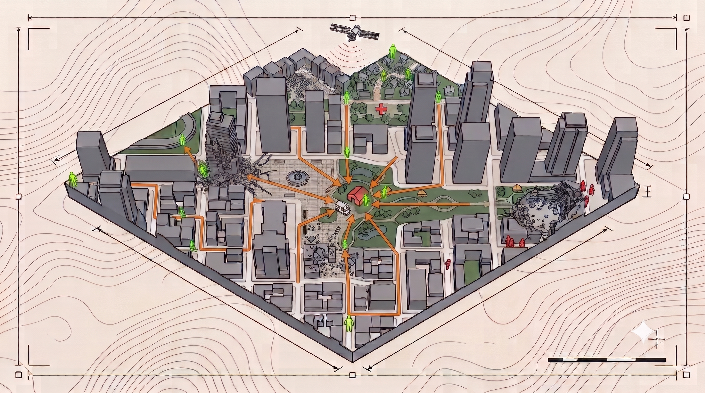 Aerial view of a shaking city: from every direction, citizens are guided out of the buildings toward the verified open safe space at the centre, with medical support and emergency vehicles ready