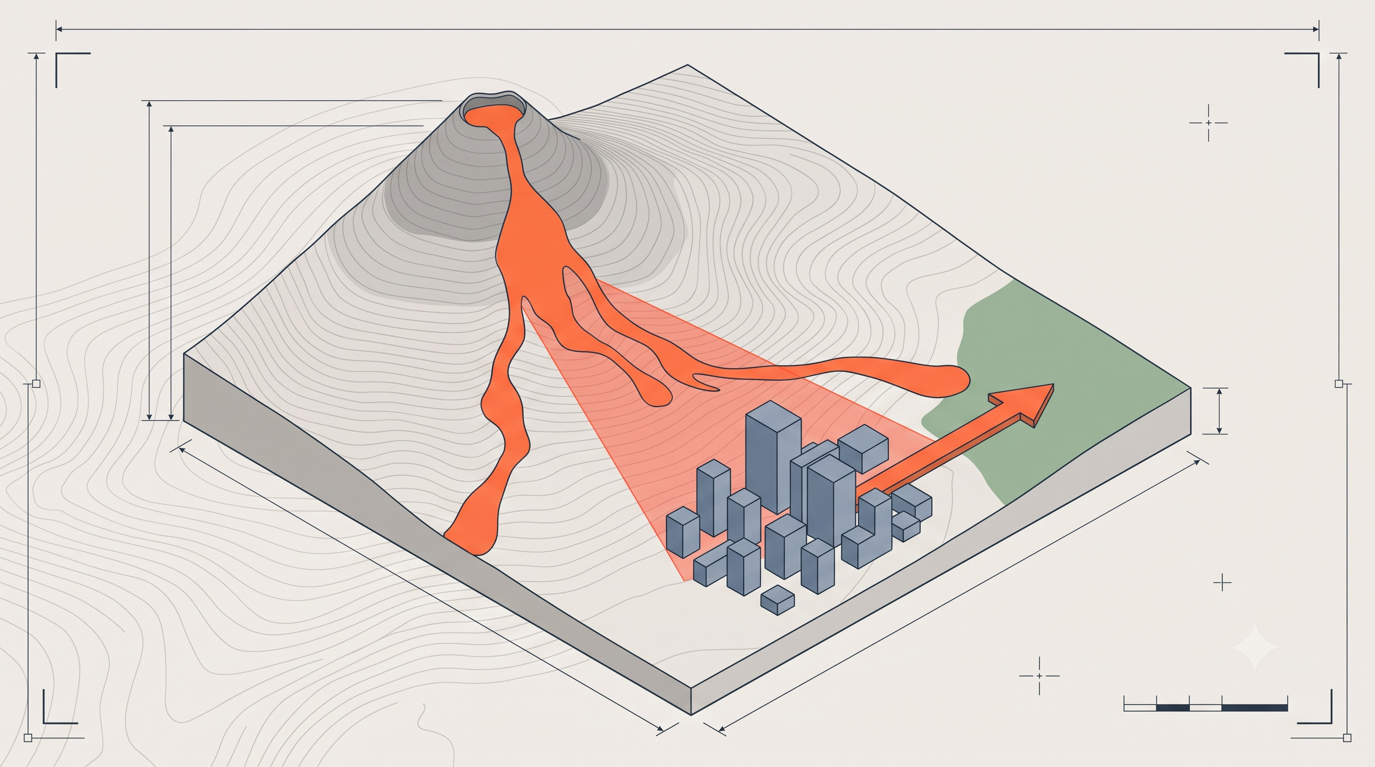 Lava descending the volcano along the valleys of the terrain; the escape route computed away from the flow's path, toward the verified safe zone